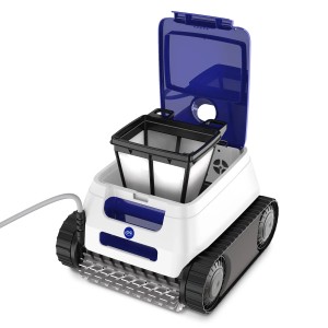 Robot piscina a batteria Gre ER230, bianco, con vano filtro aperto. Ideale per la pulizia della piscina.
