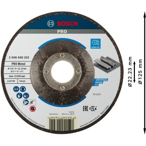 Disco abrasivo Bosch, diametro 125 mm, per la lavorazione del metallo con smerigliatrice angolare.