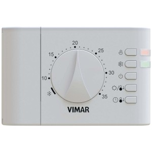Termostato VIMAR: Regolatore di temperatura bianco con manopola e indicatori di funzione.