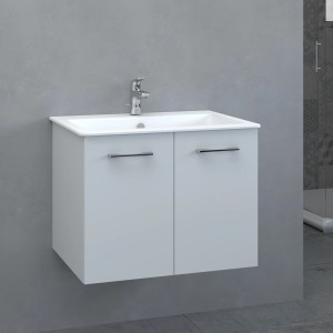Mobile bagno sospeso bianco con lavabo e due ante. Arredo bagno.