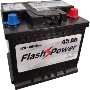 Batteria auto nera con terminali blu e rossi, 12V 45Ah.