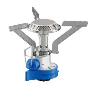 Fornello a gas Campingaz Twister Connect, 2.9 kW, con supporto per pentole e portacartuccia blu.