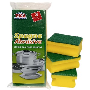 Spugne abrasive, confezione da 3, verde/giallo, per la pulizia della cucina.