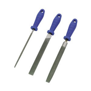 Set lime LUX, 3 pezzi: lima piatta, tonda e mezzatonda con manico blu.