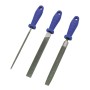 Set lime LUX, 3 pezzi: lima piatta, tonda e mezzatonda con manico blu.
