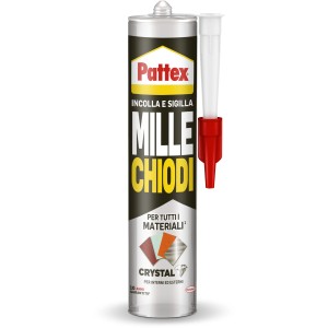 Pattex Mille Chiodi Crystal adesivo di montaggio per interni ed esterni, cartuccia con punta rossa.