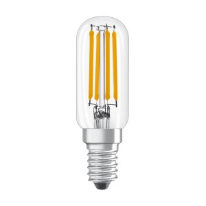 Lampadina LED E14 a forma tubolare con vetro trasparente e filamenti visibili.