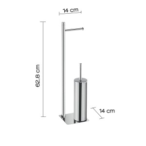 Set WC cromato con portacarta igienica e scopino, dimensioni indicate.