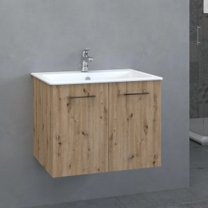 Mobile bagno sospeso effetto legno con lavabo bianco e rubinetto.