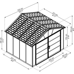 Schizzo: Casetta da giardino Palram Canopia Yukon 3.3 x 2.7 grigia con dimensioni.