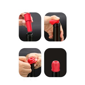 Immagini multiple di un tappo per bottiglia rosso come utensile da cucina in uso.