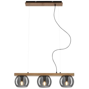 Lampada a sospensione moderna con tre globi in vetro grigio e trave in legno per sala da pranzo e soggiorno.