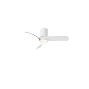 Ventilatore da soffitto bianco con tre pale e illuminazione LED integrata.