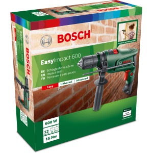 Trapano a percussione Bosch EasyImpact 600, 600 W, con arresto di profondità nella scatola.
