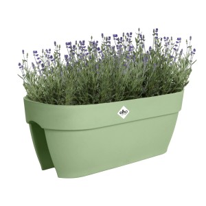 Fioriera verde Elho Flower Bridge Vibia Campana con lavanda su sfondo bianco.