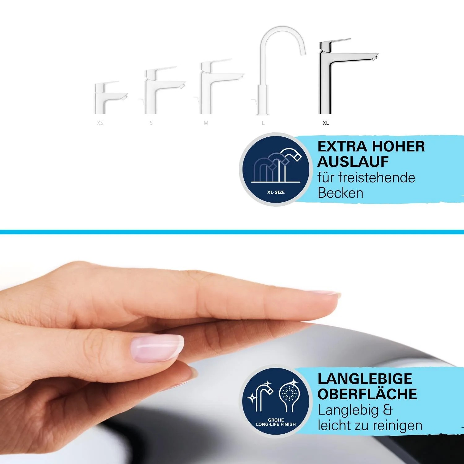 Miscelatore lavabo Grohe QuickFix Start XL: Confronto dimensioni e dettagli su beccuccio e superficie.