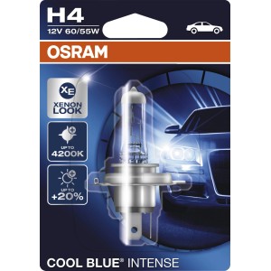 Lampada alogena per auto Osram Cool Blue Intense H4 con luce bianco-bluastra.