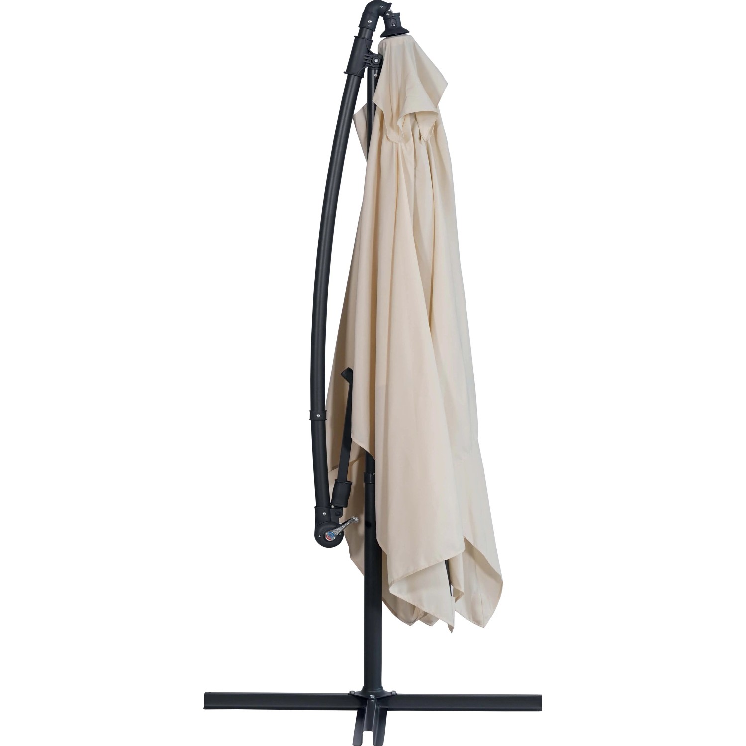 Ombrellone a braccio t.b.t. beige chiuso con struttura nera.