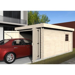 Garage D+J Galan in legno con doppia porta e auto rossa di fronte.