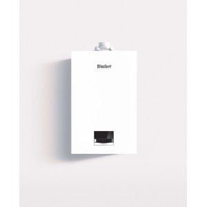 Dettaglio di una caldaia a gas Vaillant bianca per riscaldamento e acqua calda.