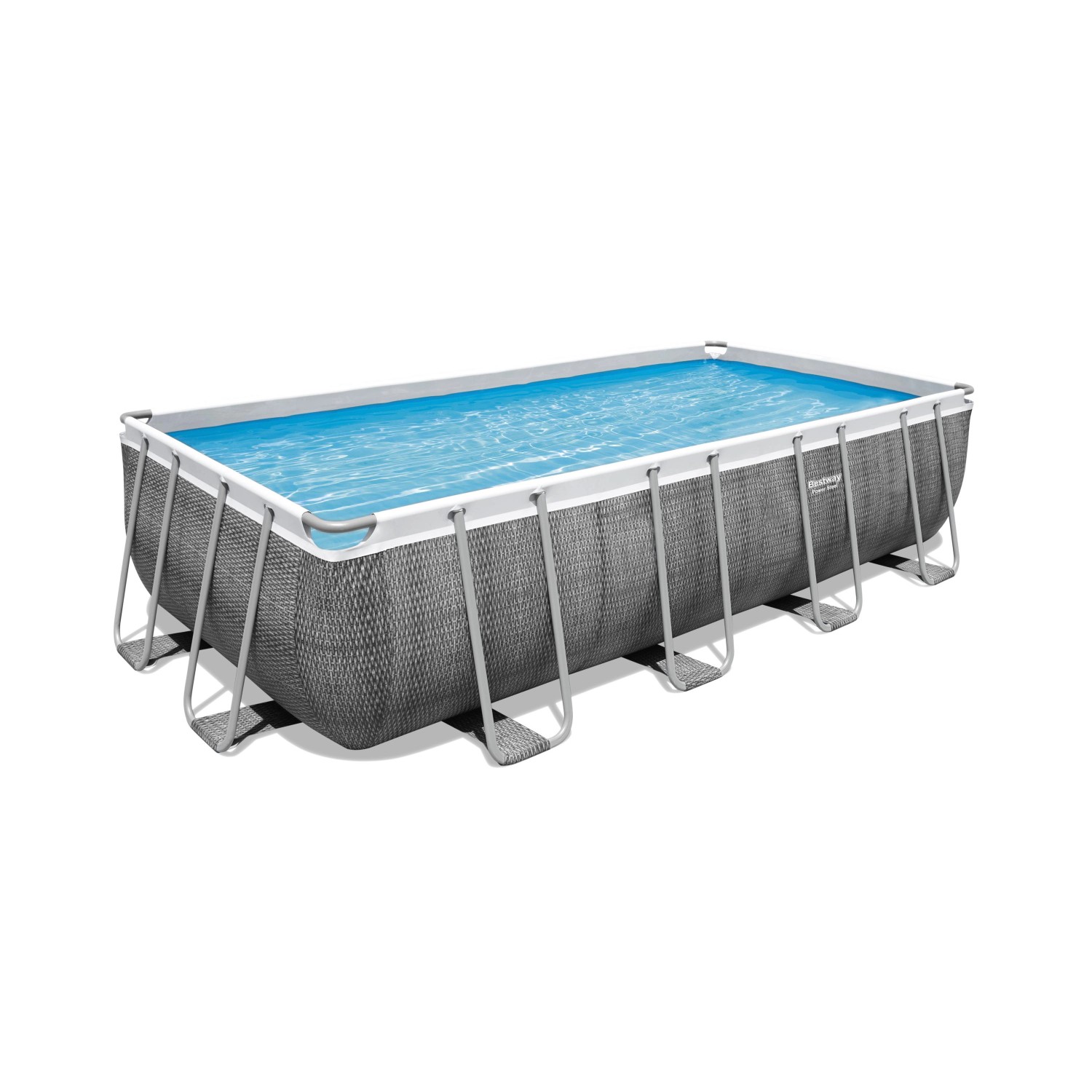 Piscina rettangolare t.b.t. con rivestimento grigio e telaio in acciaio. Piscina fuori terra per il giardino.