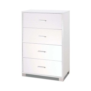 Cassettiera bianca t.b.t. con quattro cassetti e maniglie argentate.