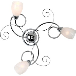 Plafoniera moderna con tre bracci e paralumi bianchi.