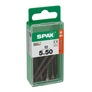 Viti SPAX 5x50 mm in contenitore di plastica verde. Elementi di fissaggio universali.