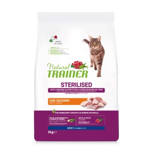 Confezione di cibo secco per gatti Natural Trainer Sterilised con tacchino, 3kg.