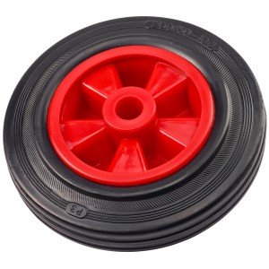 Ruota in gomma piena nera, Ø 200 mm, con mozzo rosso (58 mm) per ruote e rotelle.