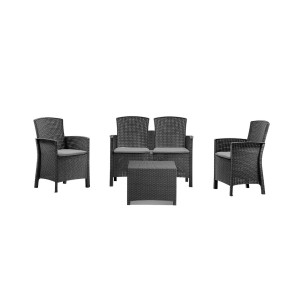 Set di mobili da giardino grigio con due poltrone, un divano e un tavolo.
