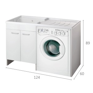 Mobile lavatoio bianco con lavatrice integrata e ripiano.