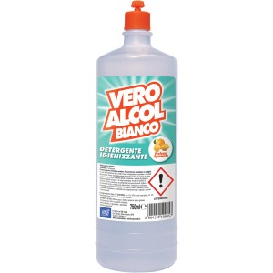 Flacone di detergente Vero Alcol Bianco, 750ml, per pulizia e disinfezione.