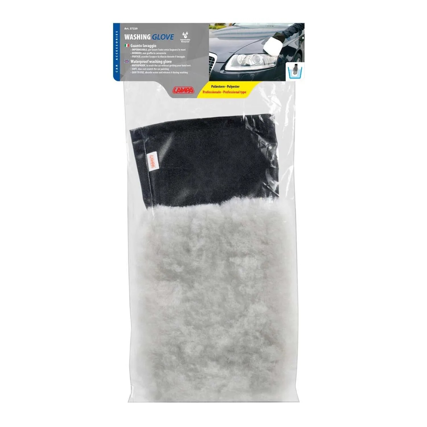 Guanto da lavaggio t.b.t. per la cura dell'auto in sacchetto di plastica trasparente.
