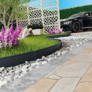 Giardino con bordura per prato, vialetto di ghiaia ed elemento di recinzione. Categoria: Recinzioni da giardino.