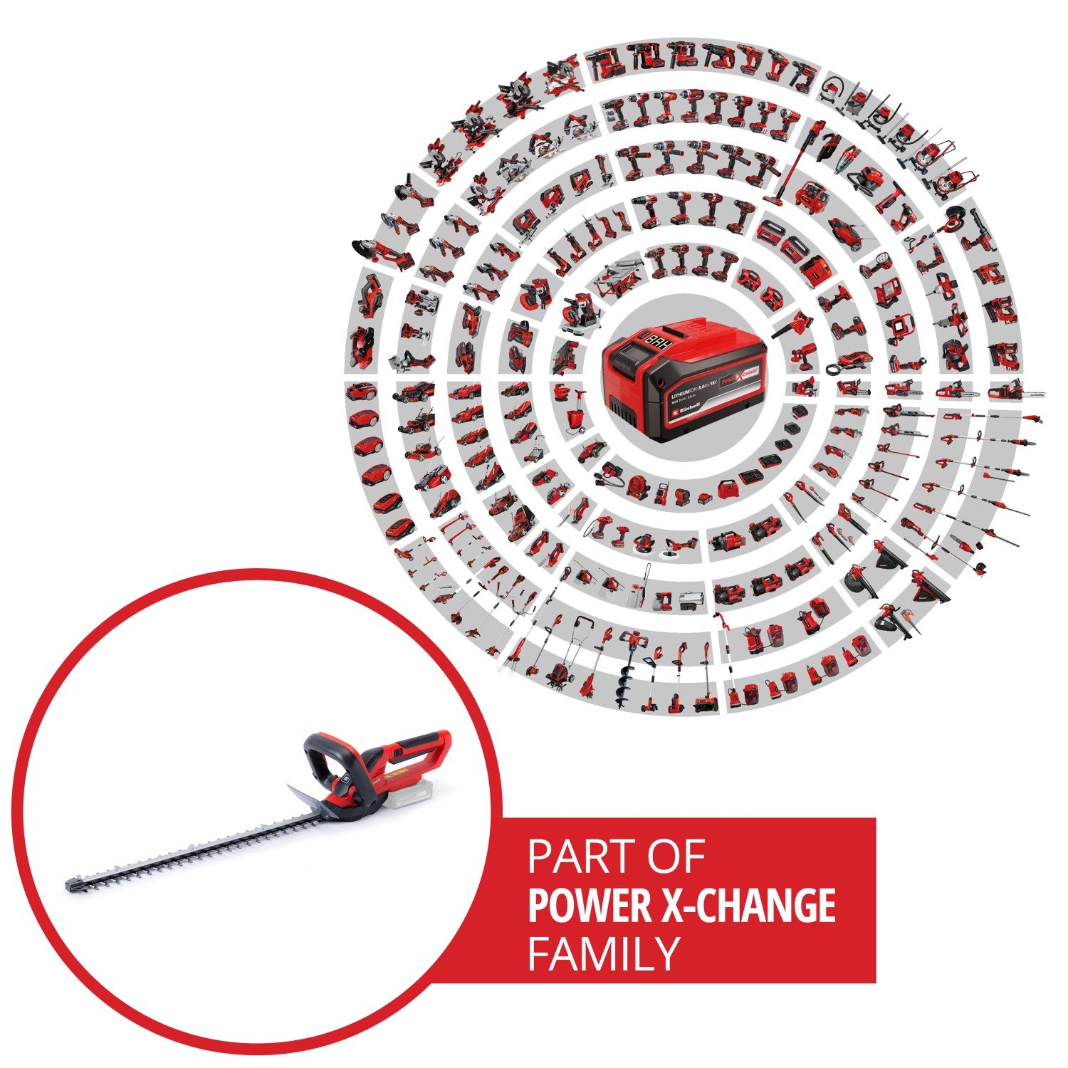 Tagliasiepi a batteria Einhell Power X-Change GC-CH 1855/1 Li Solo, rosso/nero, parte della famiglia Power X-Change.