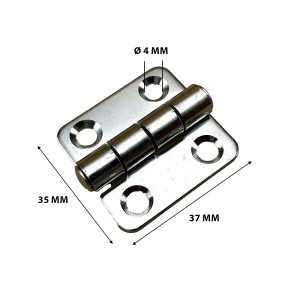Piccola cerniera argentata per accessori nautici, dimensioni 35x37mm, foro Ø4mm.