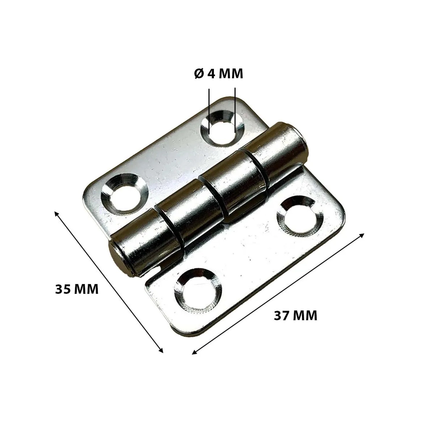 Piccola cerniera argentata per accessori nautici, dimensioni 35x37mm, foro Ø4mm.