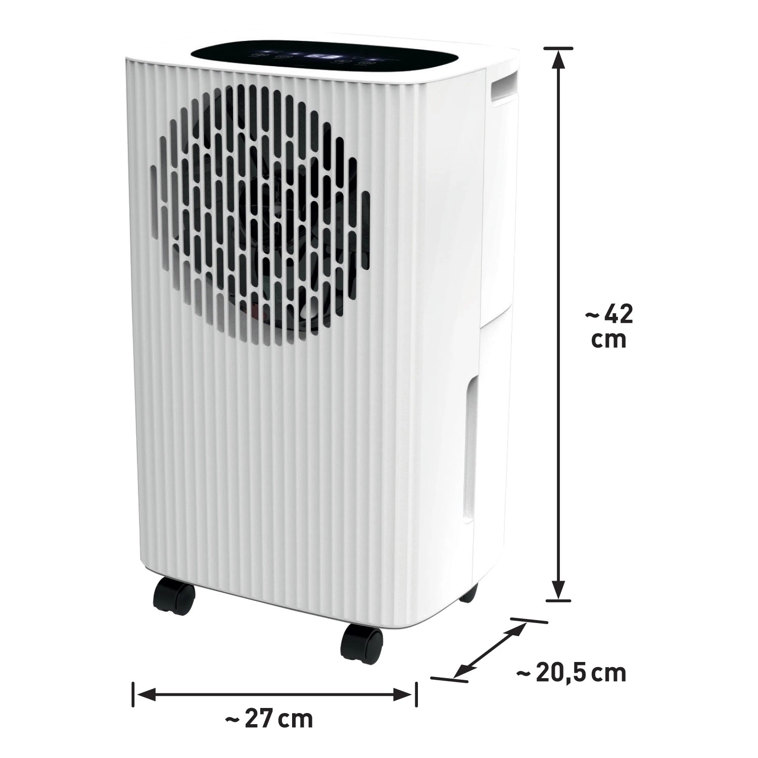 Deumidificatore LEF-205-40 bianco e nero con ruote e dimensioni.