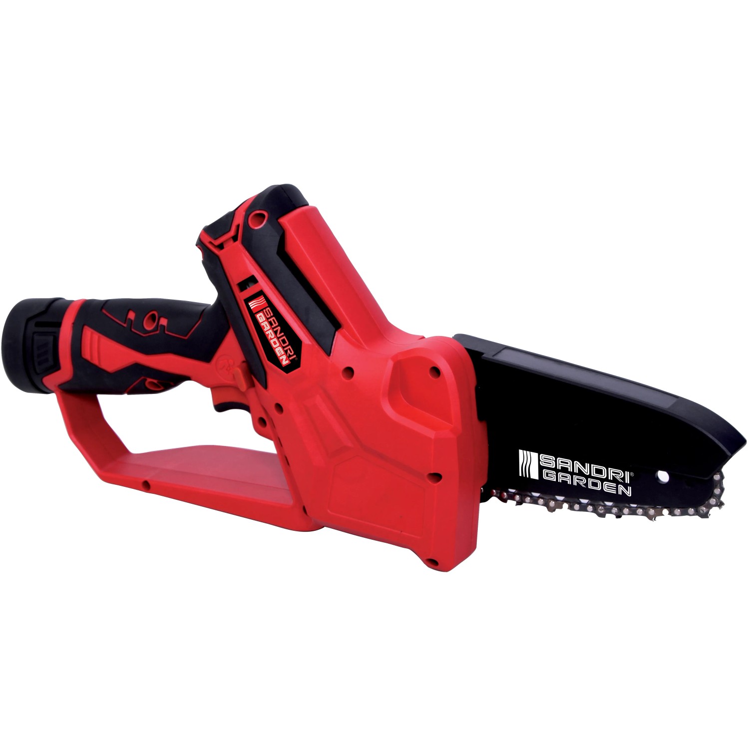 Motosega a batteria rossa t.b.t. per giardinaggio e potatura.