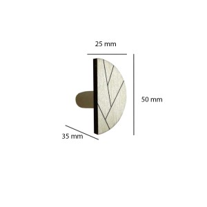 Pomello per mobili t.b.t. semicircolare in legno con motivo a foglia e dimensioni.