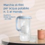 Caraffa filtrante con cartuccia e bicchiere su tavolo. Per acqua potabile pulita.