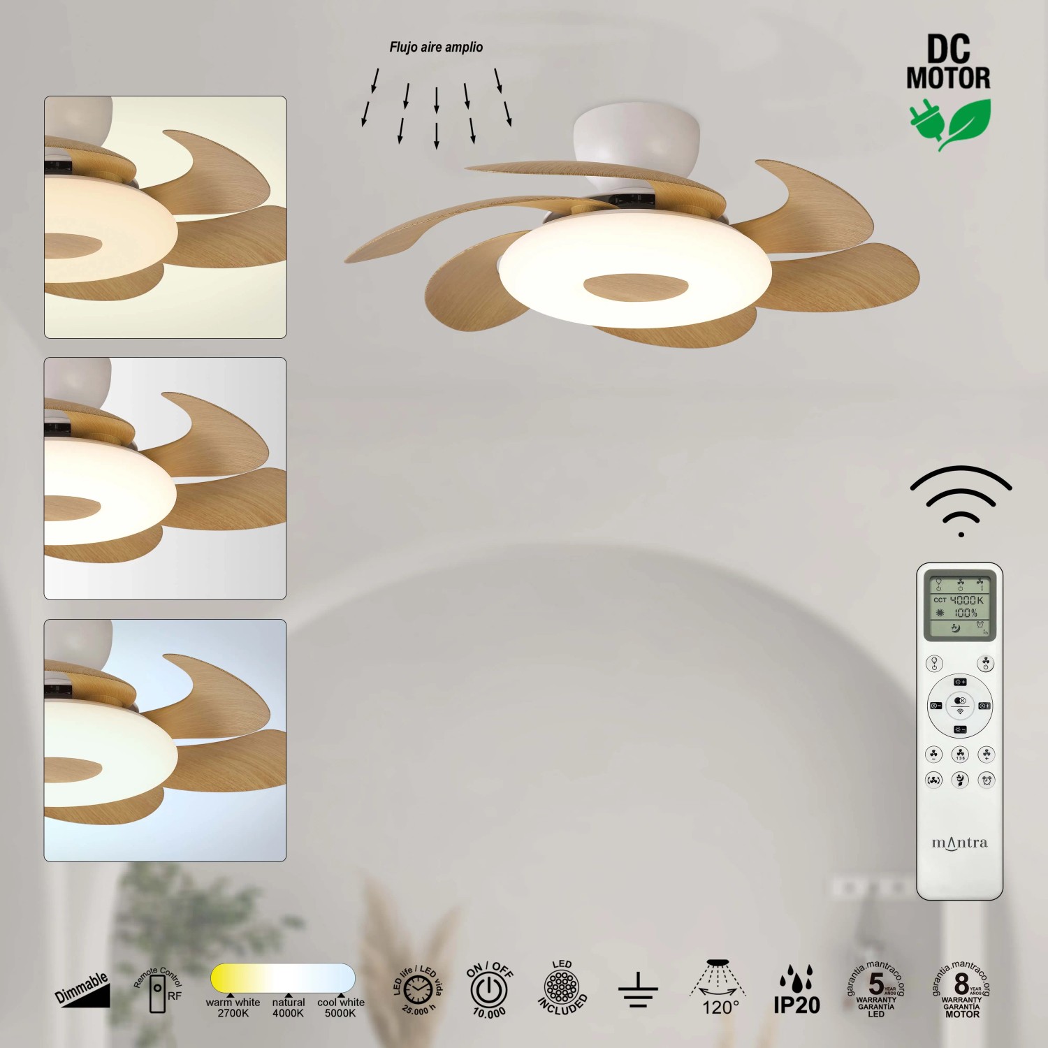 Ventilatore moderno con pale effetto legno e illuminazione LED, telecomando incluso.