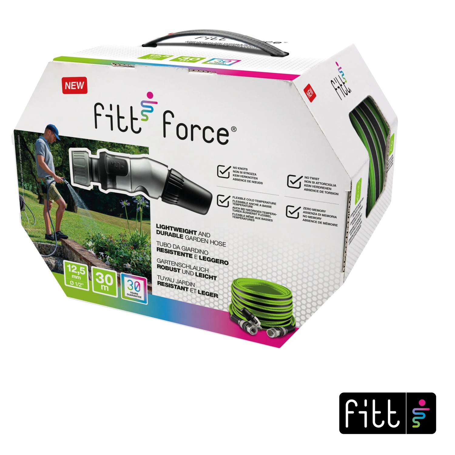 Confezione di un tubo da giardino Fitt Force, 30m, con ugello a spruzzo.