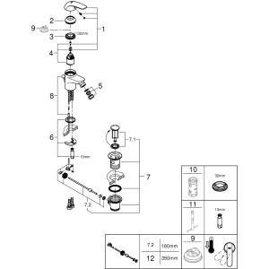 Esploso del miscelatore per bidet Grohe QuickFix Swift con set di scarico a tirante, cromo.
