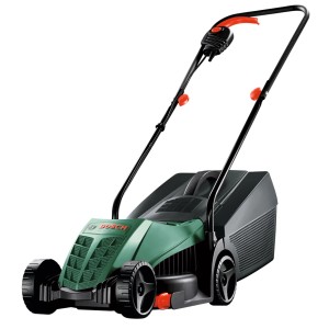 Tosaerba elettrico compatto Bosch Easy Rotak 32-215 verde-nero con accenti arancioni, manico pieghevole e cesto raccolta.