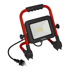 Faro da cantiere a LED con telaio rosso e testa lampada nera per uso flessibile.