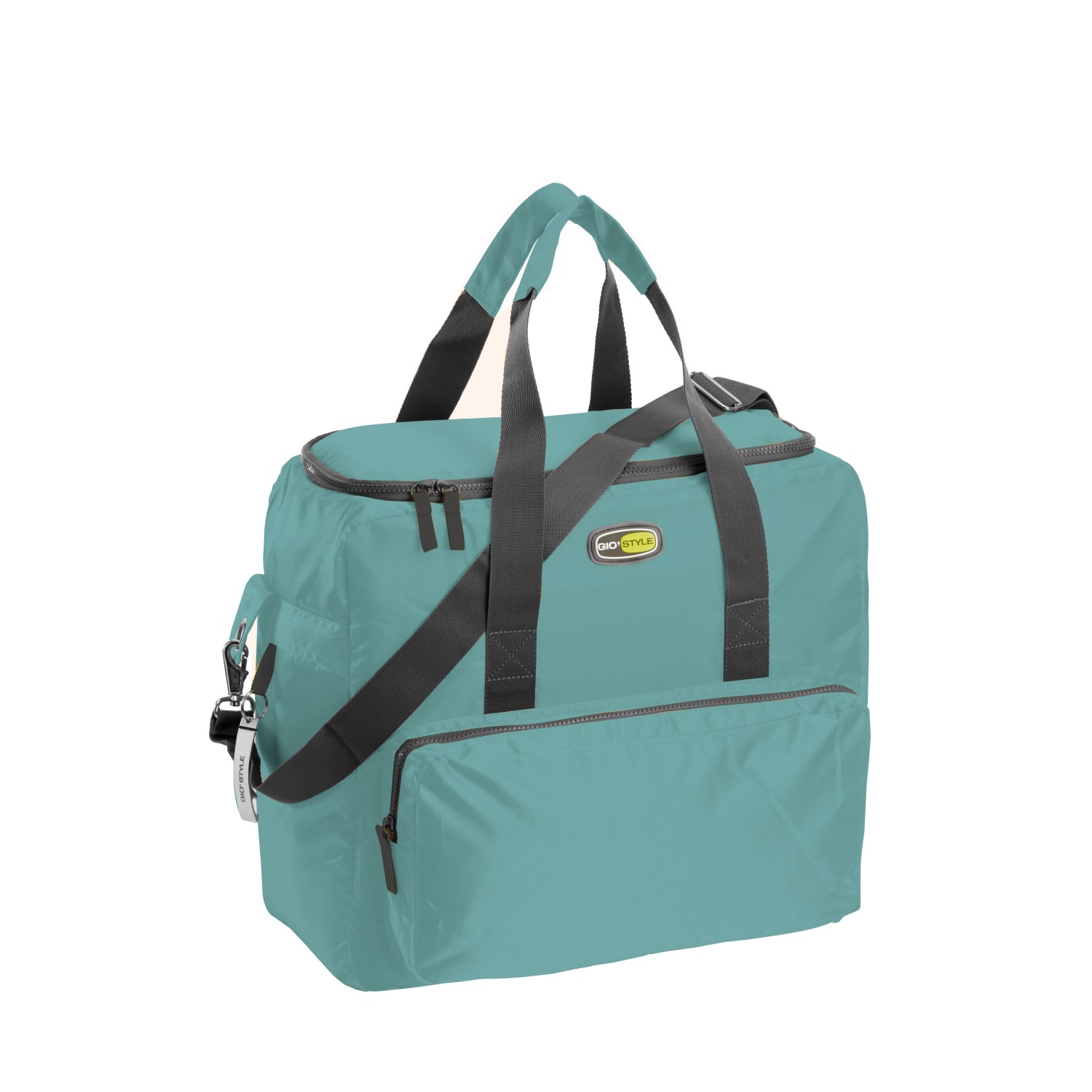 Borsa da viaggio/campeggio turchese con manici e tracolla.