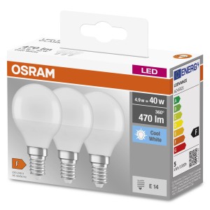 Lampadine LED E14 Osram, confezione da 3, luce fredda, 4,9W. Ideali per illuminazione d'atmosfera.