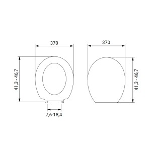 Disegno tecnico di un sedile WC t.b.t. con dimensioni.
